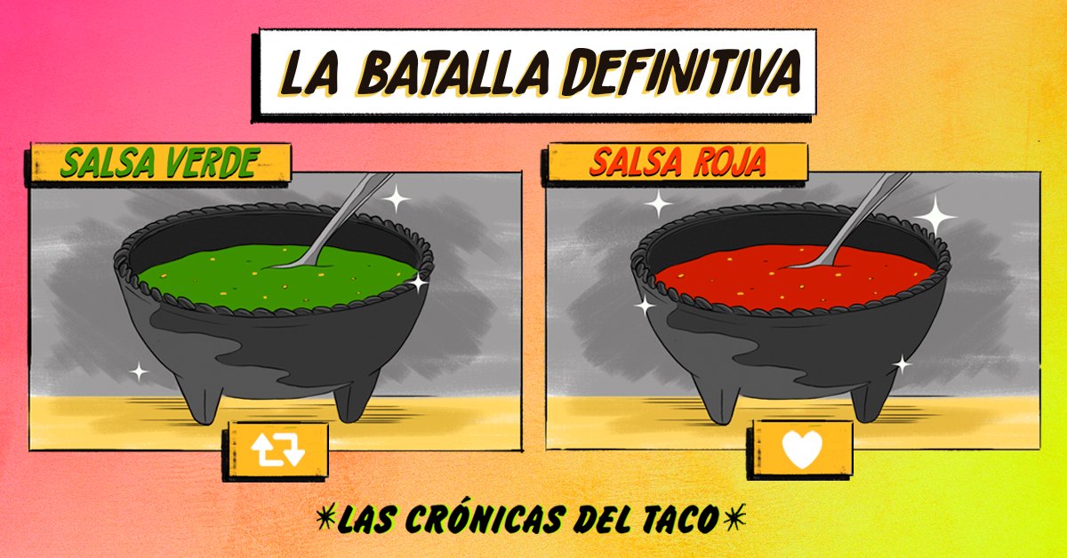 NetflixLAT's tweet image. Después de ver Las crónicas del taco Vol. 2, sé que la salsa es la mejor compañera del taco. Entonces decidamos esto como se debe. ¿Verde o Roja? 😎 #LasCrónicasDelTaco