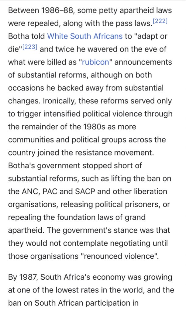 4. The next main cause was Neoliberalism & the economy—it had simply become unsustainable & was leading to South Africa’s economic slowing & collapse, which the outside resistance movement helped but did not cause. Capital couldn’t tolerate the system that it had once loved.