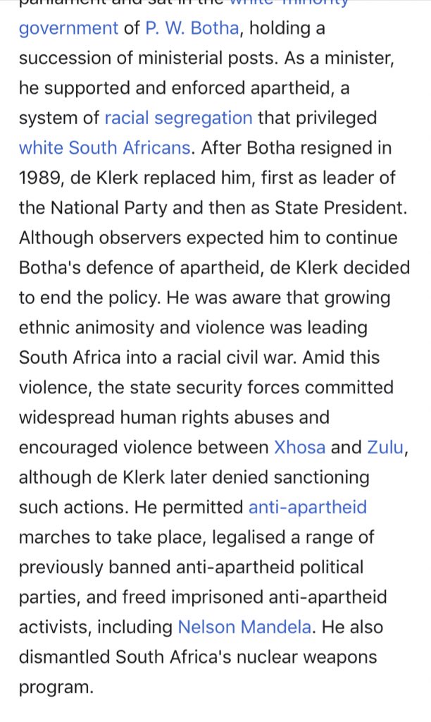 6. This leads us to the final causes of the end, the first was that all of the above led to internal reforms by Botha meant to save the system, but helped hasten its end7. Next, all of the above led the US to do comprehensive sanctions putting pressure on & reinforcing the above