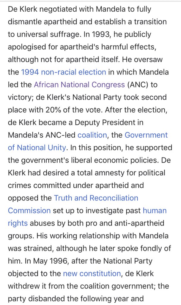 6. This leads us to the final causes of the end, the first was that all of the above led to internal reforms by Botha meant to save the system, but helped hasten its end7. Next, all of the above led the US to do comprehensive sanctions putting pressure on & reinforcing the above