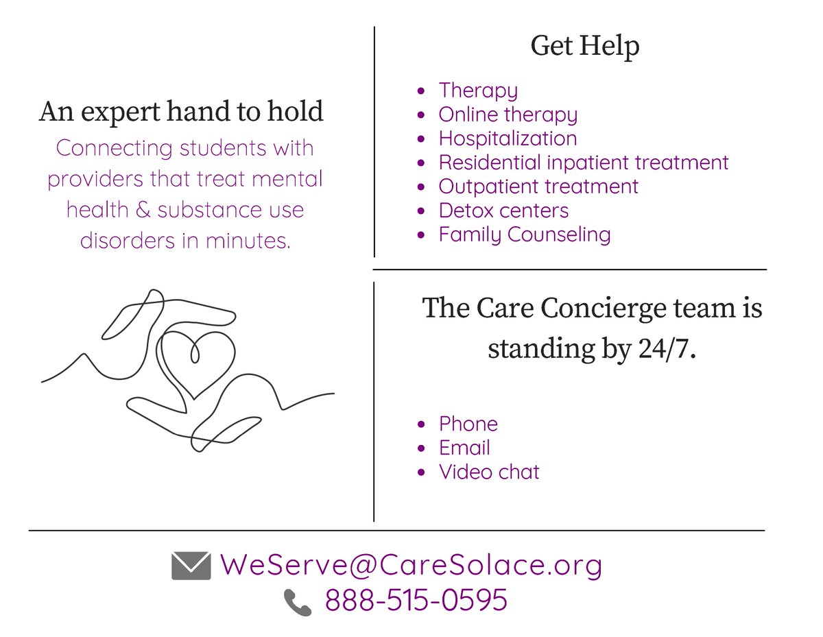 Care Solace is an online resource with a live 24/7 concierge meant to assist individuals in finding local mental health-related programs and counseling services. Care Solace is now available for use by district students, staff, and families at no cost. caresolace.com/ahisd