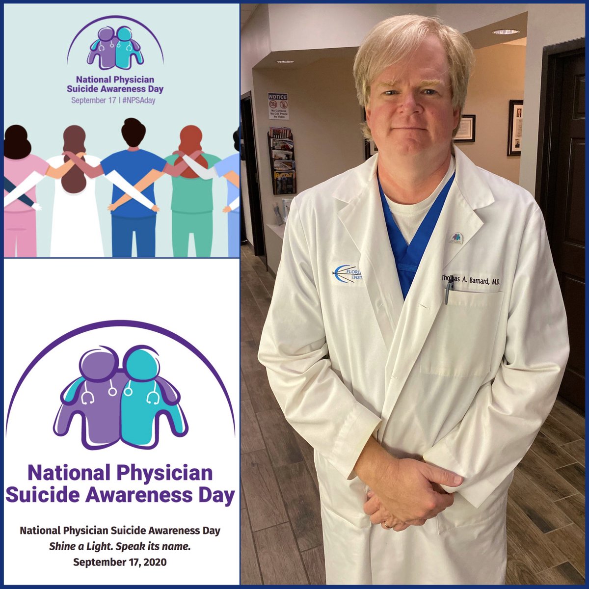 floridaretina's tweet photo. Hello from Thomas A. Barnard, MD, on #NPSAday. National Physician Suicide Awareness Day. Shine a Light. Speak its name. Thursday, September 17, 2020.
#NPSA #national #physician #suicide #awareness #day #sharingmeanscaring #CORD #ACEP #WeCare #physicianswellness #prevention https://t.co/0tYRb7TFOR