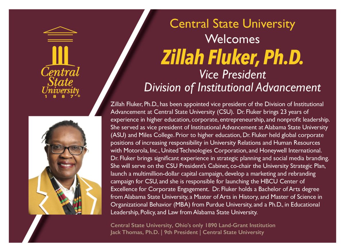 Welcome to #CentralState87 Dr. Zillah Fluker!!! ❤️💛❤️💛 <a href="/zillahfluker/">zillahfluker</a> #ForGODForCENTRALForSTATE