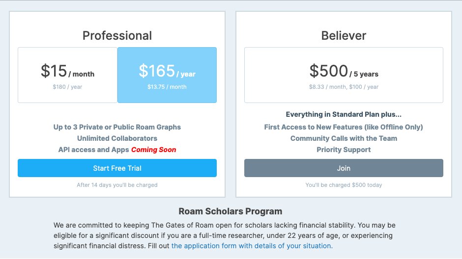 To see the differences, look at their pricing strategies. Roam wants to make a lot of money from a small number of loyal users. Notion wants to make a little bit of money from a lot of users. It’s free to invite co-workers, but they make you pay for enterprise-grade features.