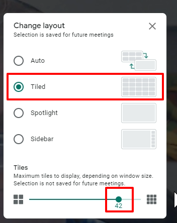 Google Meet update #2 - Turn on grid view and select how many you see - up to 49 now available.