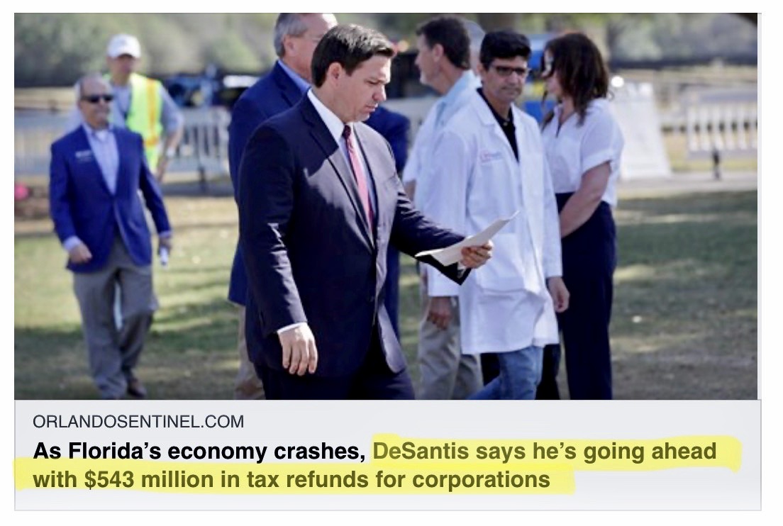 .<a href="/GovRonDeSantis/">Ron DeSantis</a>: We can't afford an extra $300 to help struggling unemployed Floridians...

...also @RonDeSantisFL 👉🏼 sends $540 MILLION in tax refunds to giant corporations during a pandemic.