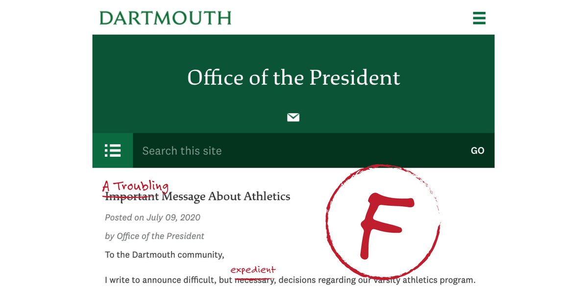 save_dcsd's tweet photo. We haven’t heard from Dartmouth President Philip Hanlon since he announced the elimination of 5 varsity teams. We re-read his July letter looking for answers and then took a red felt tip pen asking new questions to reveal what he’s really up to: https://t.co/vLo8CG1PFk https://t.co/aIjvdtnINX
