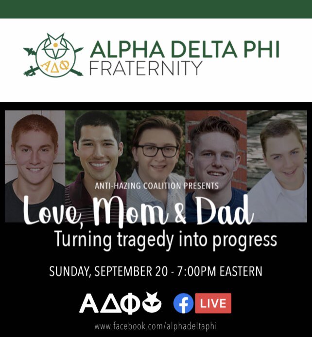 Although many campuses have moved away from in-person experiences, we must actively take part in solving the problem of hazing so that no family has to endure the loss of their son or daughter.  Join us this Sunday via Facebook Live! #LoveMomandDad