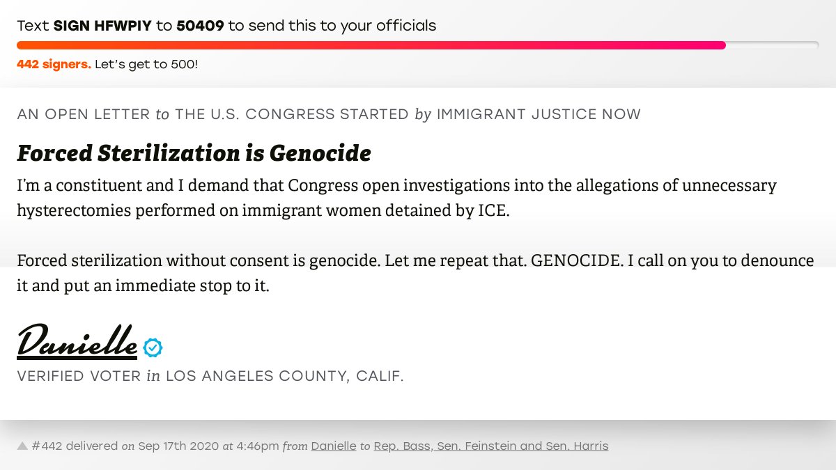 openletterbot's tweet image. 🖋 Sign “Forced Sterilization is Genocide” and I’ll deliver a copy to your officials: 

📨 No. 442 is from Danielle to @RepKarenBass, @SenFeinstein and @SenKamalaHarris #CA37 #CApolitics #CApol