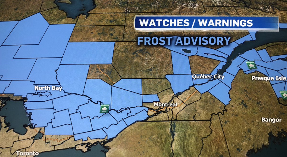 LoriGrahamMTL's tweet photo. #Cooler air is moving in. 
#Frost advisories in effect. 
#Montreal expected to dip 6° tonight, which is 3° below average. And #temps will stay below average thru #weekend &amp; early next week! @CTVMontreal #MTLweather https://t.co/8AvEWshlX8