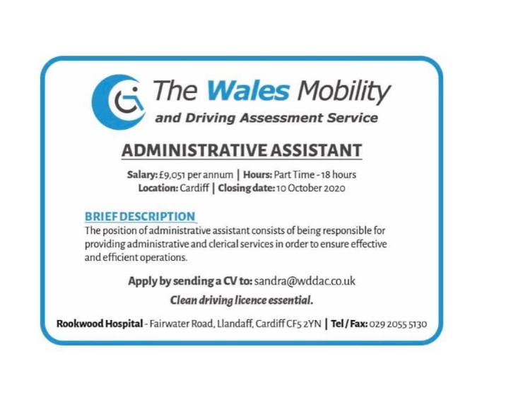 WalesMobilityDA's tweet photo. ADMIN ASSISTANT JOB OPPORTUNITY: 
Office based, Llandaff, Cardiff. 

The charity helps individuals with disability to achieve long term mobility solutions.

Closing date 10th October. https://t.co/jTfn2YXFKO