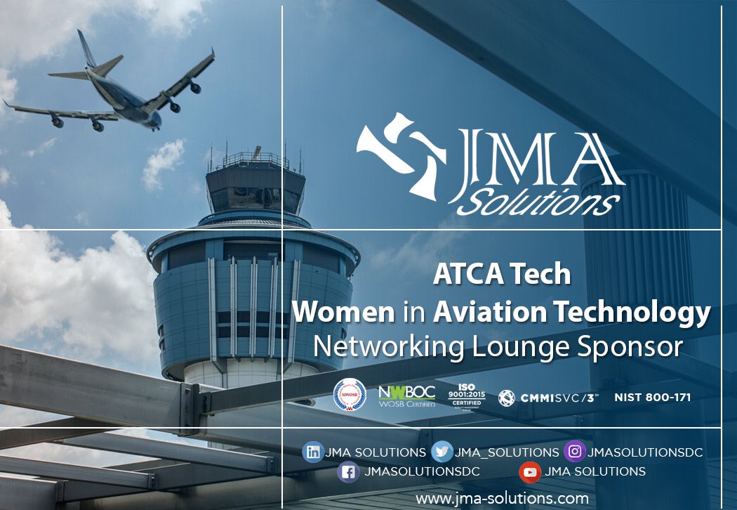 JMA_Solutions's tweet photo. @JMA_Solutions is proud to be a “Networking Lounge Sponsor” of @ATCA_now’s Women in Aviation Technology Networking Event ✈️
#ACY20 https://t.co/xP0cMp9wl2