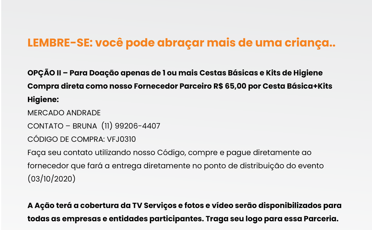MXMSistemas's tweet photo. A CEBRASSE quer te convidar para a campanha Abrace uma Criança! No próximo dia 3/10, o grupo Vamos Fazer Juntos, realizará uma ação de entrega de cestas básicas para famílias carentes na comunidade da Pedreira! Confira mais infos nas fotos abaixo e saiba como você pode ajudar: https://t.co/xhla90jQxY