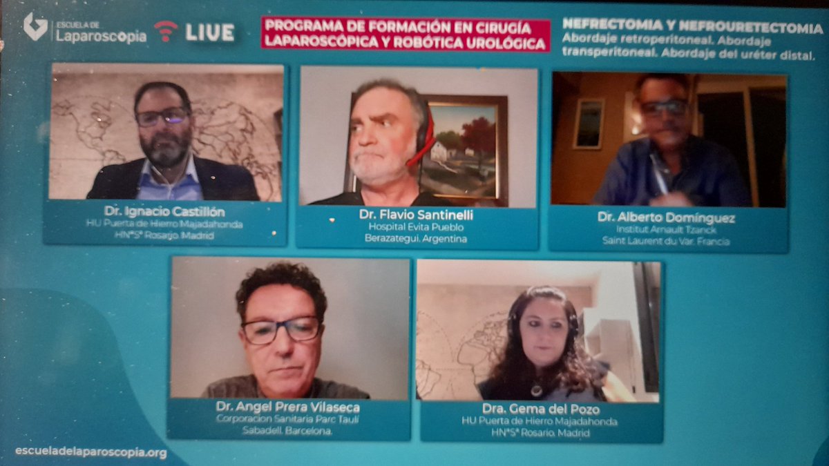 Live webinar #escueladelaparoscopia de @icastivela Hoy 'Nefrectomía y nefroureterectomía: trans, retro y abordaje uréter distal' con #AngelPrera @GemadelPozoJim1 #AlbertoDominguez #FlavioSantinelli 
Excelente iniciativa docente!!!