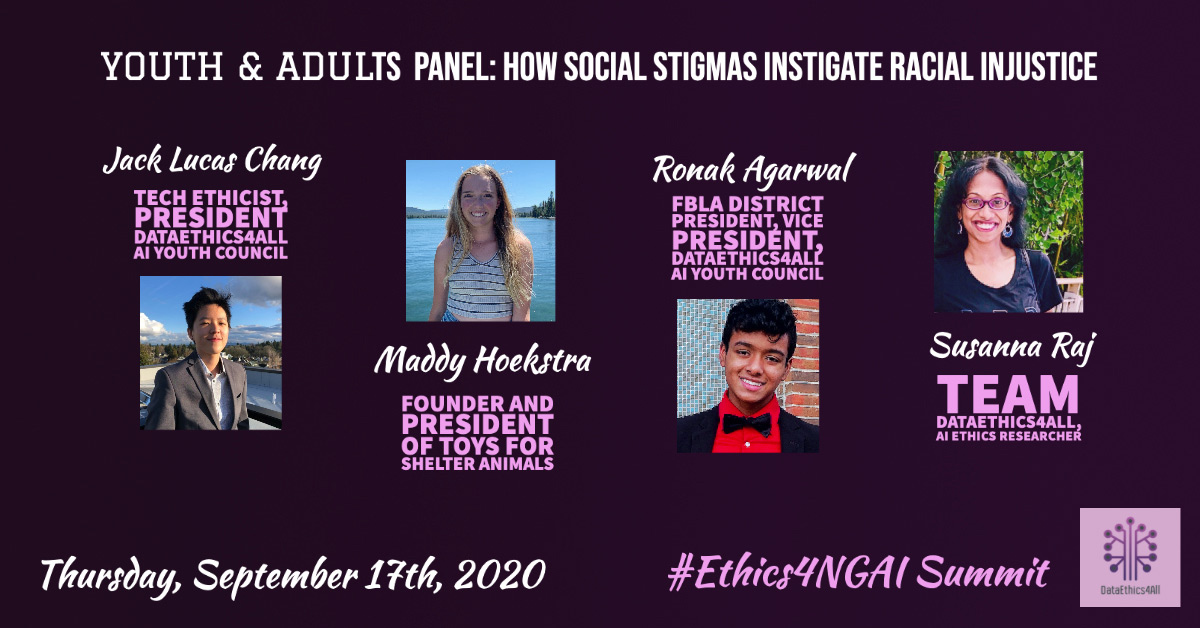 DataEthics4All's tweet photo. Join us now for an AI Youth Panel Discussion with Moderator @SusannaRaj!
We're exploring How Social Stigmas instigate Racial Injustice in the Present World
#DataEthics4All #Ethics4NextGenAI https://t.co/c0I6clzOJc