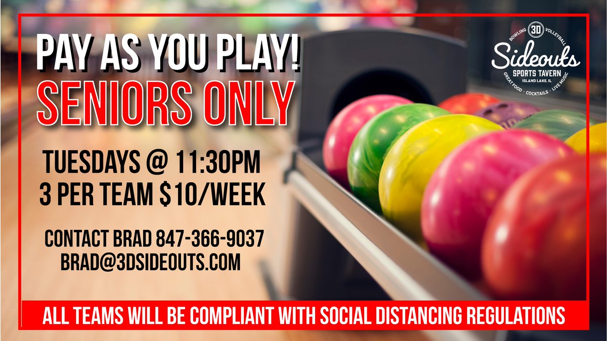 Pay as you play! Get out and enjoy the day!  #sideouts #sideoutssportstavern #bowling #bowlingleagues #signup #seniorleagues #3dbowl #tuesdays #payasyouplay #socialdistancing