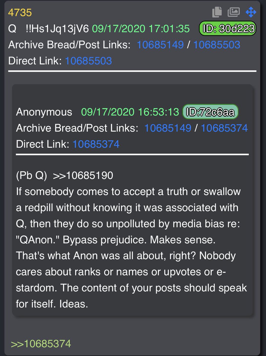 If somebody comes to accept a truth or swallow a redpill without knowing it was associated with Q, then they do so unpolluted by media bias re: "QAnon." Bypass prejudice. Makes sense. That's what Anon was all about, right? Nobody cares about ranks or names or upvotes or e-star