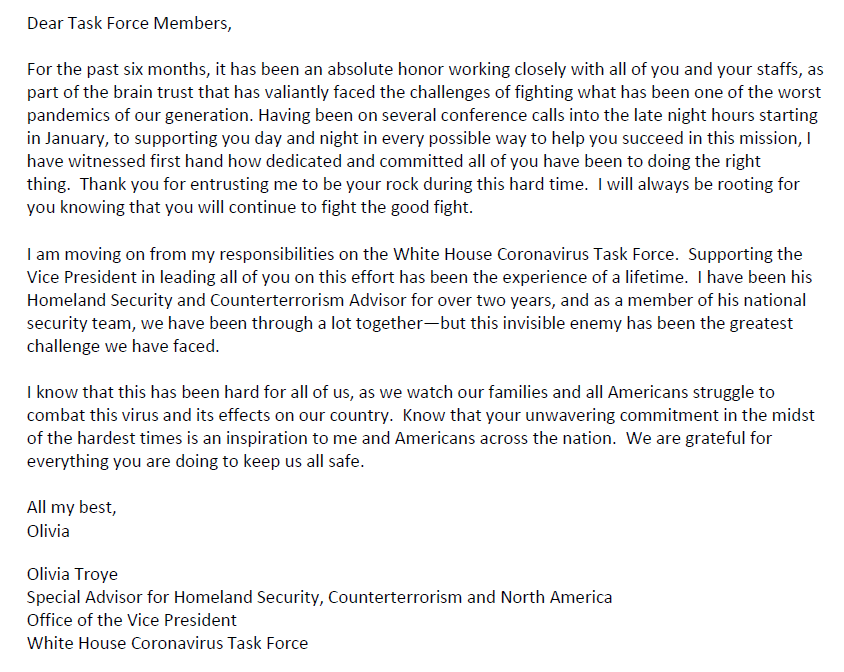 Interesting departure letter from a disgruntled former detailee who typically sat in the overflow room of task force. LESS THAN 2 months ago: 'I have witnessed first hand how dedicated and committed all of you have been to doing the right thing.” ⬇️