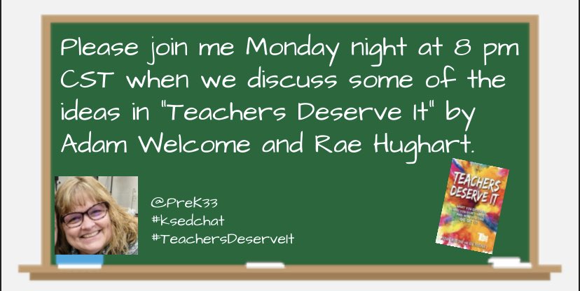 #ksedchat is back Monday night at 8:00 pm cst! Guest host @PreK33 has a chat designed around some of the ideas in the book “Teachers Deserve It” by @mradamwelcome & @RaeHughart!
You don’t want to miss this! Set a reminder on your phone!
Help us spread the word with a RT! https://t.co/pKUMbmhGf3