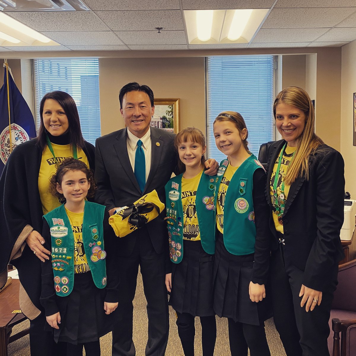 gstroop1673's tweet photo. GS Troop 1673 visiting the Virginia State Capitol in February to meet @MarkKeam , among others, to  advocate for people with low vision. 
#girlscouts #ushersyndrome #lowvision
#paintityellow2c https://t.co/E79k4nPZHr