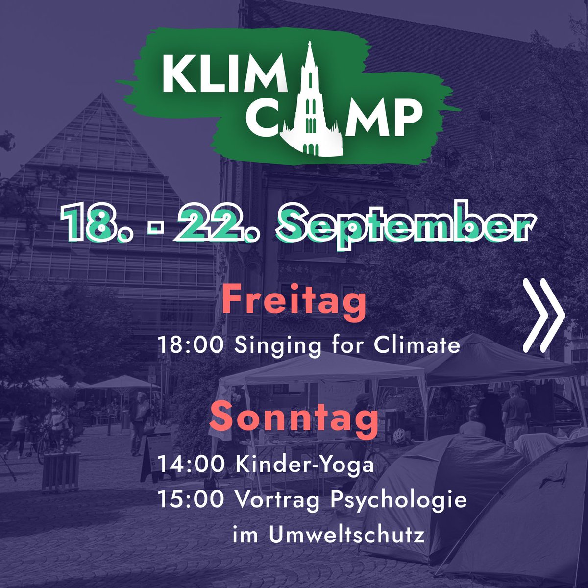 KlimacampUlm's tweet photo. Hier ist unser Programm für die nächsten Tage:
#ServiceTweet #KlimaCamp

Ihr dürft natürlich gerne auch einfach so vorbeischauen. Kommt her und diskutiert mit uns, unterhaltet und vernetzt euch! #WirSindHier https://t.co/PBXyjScvKo