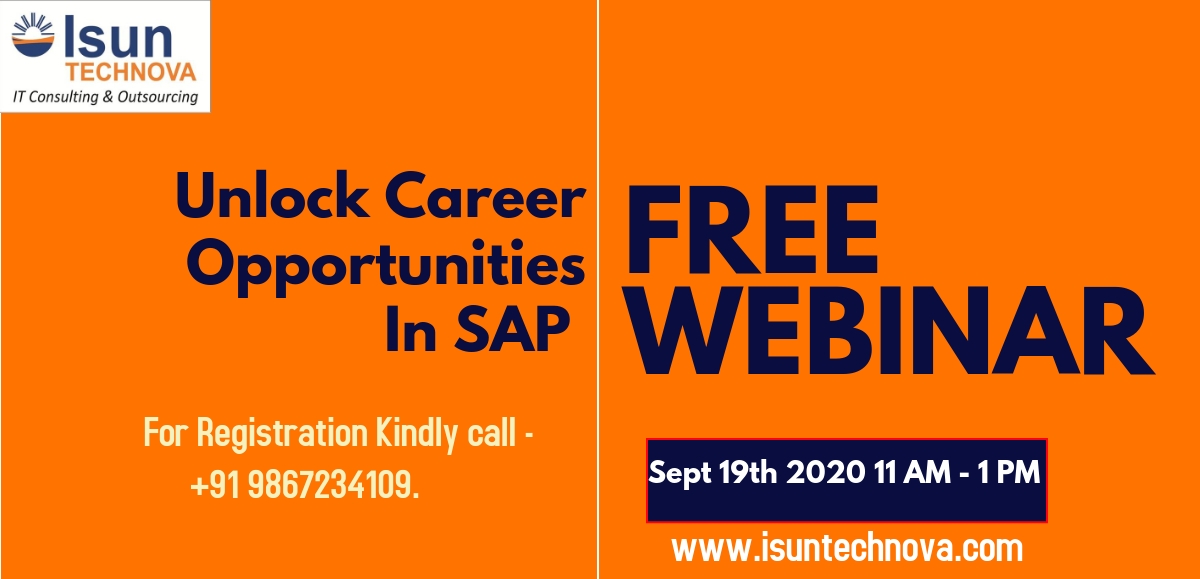 Join us, 19th Sept '20 at 11am to explore career opportunities in SAP.
#SAPCareer #sapopportunities #UnlockYourCareer #sapjobs #sapwebinar #SAPConsultant #erp #isuntechnova