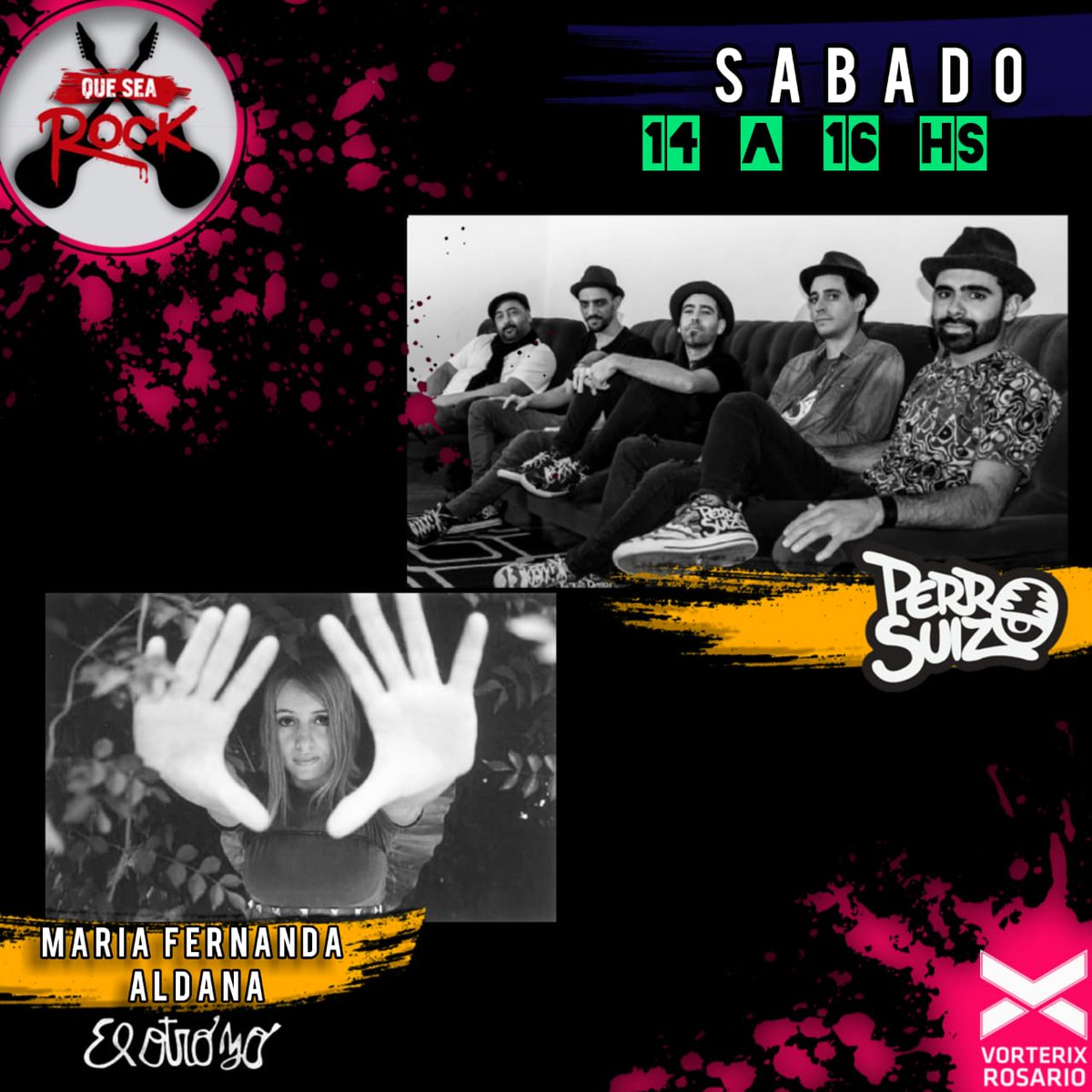 🎧 Sábado de ROCK 🤘
Este sábado desde @RosarioVorterix , tenemos un programa cargado en música e información. 
Comunicación c/ <a href="/elotroyooficial/">El Otro Yo</a> para dialogar en vistas de una nueva presentación.
Nos visita en Vivo la banda <a href="/perrosuizoof/">Perro Suizo</a> para ponerle música a la tarde.
14 a 16hs