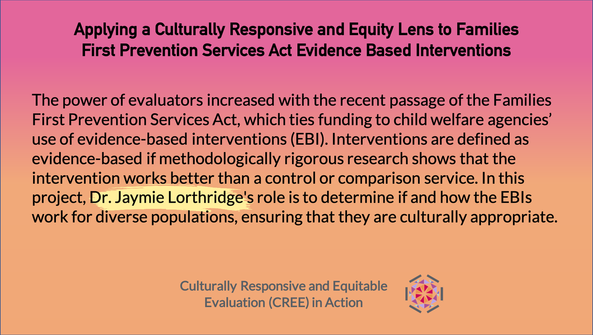 ExpandTheBench's tweet photo. How can organizations and #evaluators ensure that #evidence-based interventions are culturally responsive and #equitable? In this project, Dr. Lorthridge sets out to answer this question by putting #CREEinAction!
Learn more about this project: https://t.co/smAaF3Slfv https://t.co/rZ5rcj5ih1