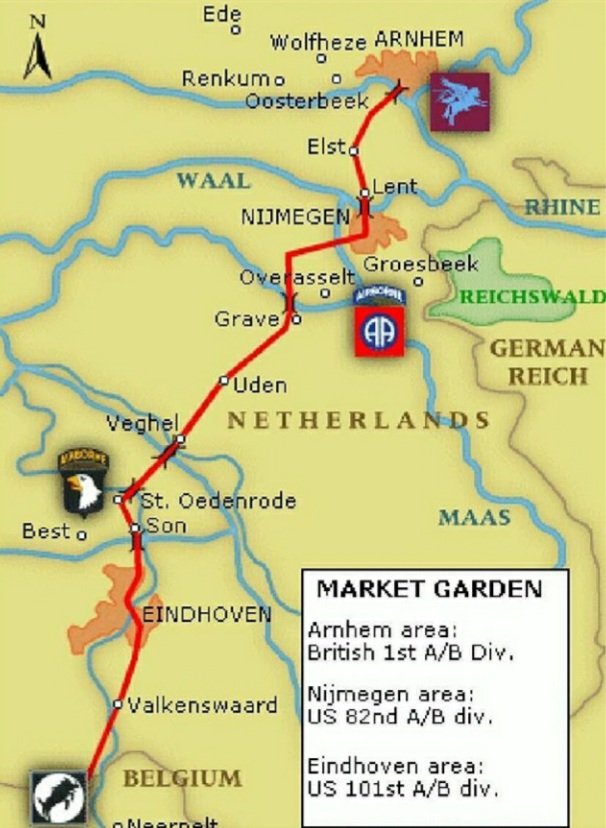 It was the largest airborne operation of WW2 to date. The objective was to seize 9 strategic bridges along the route from Eindhoven to Arnhem (undertaken by the airborne assault "Market") thus allowing the advance of the ground forces (Garden) of the British 2nd Army2/