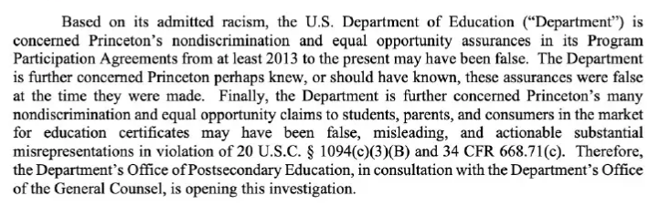 4. DOE to Princeton:“Based on its admitted racism, [the US DOE] is concerned Princeton’s nondiscrimination and equal opportunity assurances in its Program Participation Agreements from at least 2013 to the present may have been false. …