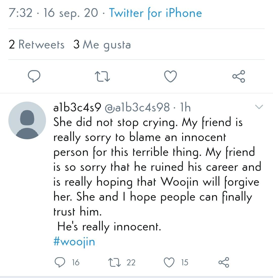 I'm not able to corroborate this yet, but yesterday September 16, a new account was created  @a1b3c4s98, claiming to be  @a1b3c4s9's friend, and that they were with them the day of the alleged sexual harassment. The account posted the following tweets: