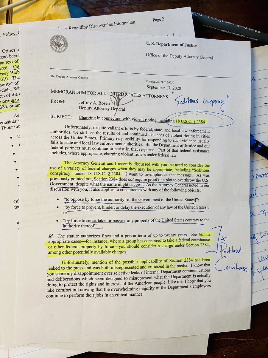 #Sedition #PortlandProtests Memo for US Attorneys from Deputy AG Rosen: Charging in connection with violent rioting, including 18 USC 2384 (Seditious Conspiracy)