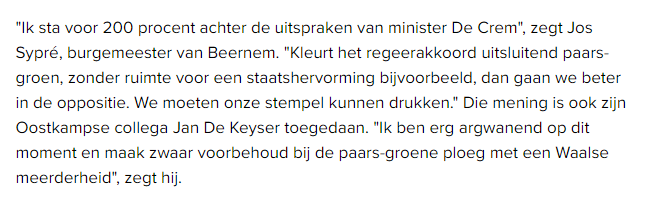 Ik ben toch wat verbaasd dat de Beernemse burgemeester Jos Sypré zich out als een tegenstander van CD&V-deelname aan een Vivaldi-coalitie. In Beernem heeft hij nota bene zelf N-VA als coalitiepartner ingeruild voor het kartel sp.a-Groen.