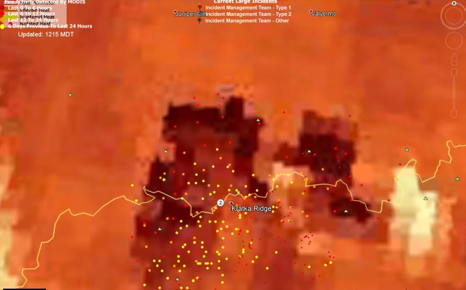  @ai6yrham:  #BobcatFire Current heat mapping with Sentinel-3 satellite image from today, 9/17/20 at 11:56am. Black background = fire, white/yellow is smoke.  #breaking