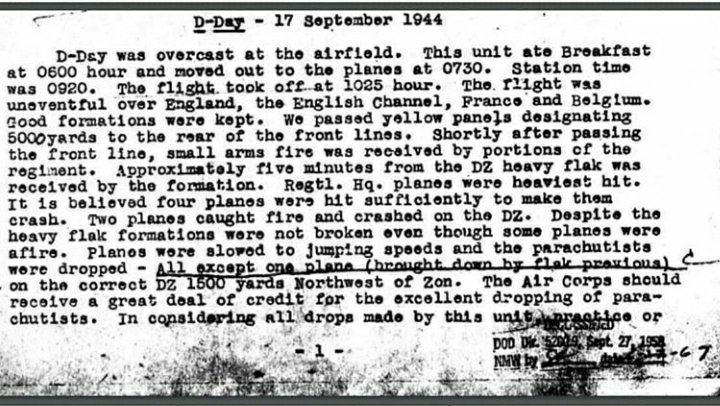 Airborne troops dropped on a clear, sunny day. On the 1st drop almost all U.S troops landed in the planned drop zones, with losses due to anti-aircraft fire reported as light.Pictured is the Morning Report of the 506th PIR, who dropped on DZ C6/