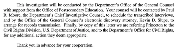 11. They have also referred Princeton to the DOJ Civil Rights Division and to the DOE’s Office for Civil Rights “for any additional action they deem appropriate.” 