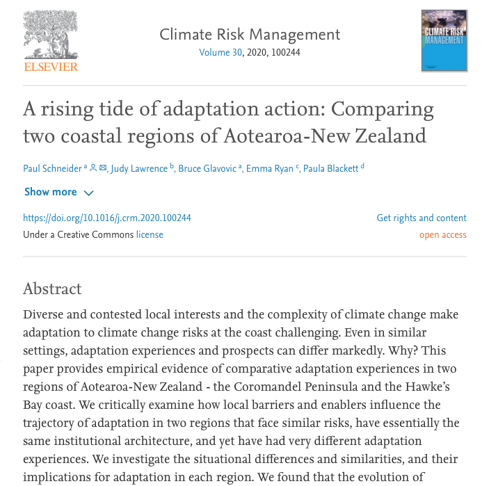 Hot off the press: a new open access article on #climateadaptation in #NewZealand. Have a look at what the empirical evidence says about #adaptation experiences: sciencedirect.com/science/articl… @AdaptXChange @ynassef #adaptationscience #climateriskmanagement