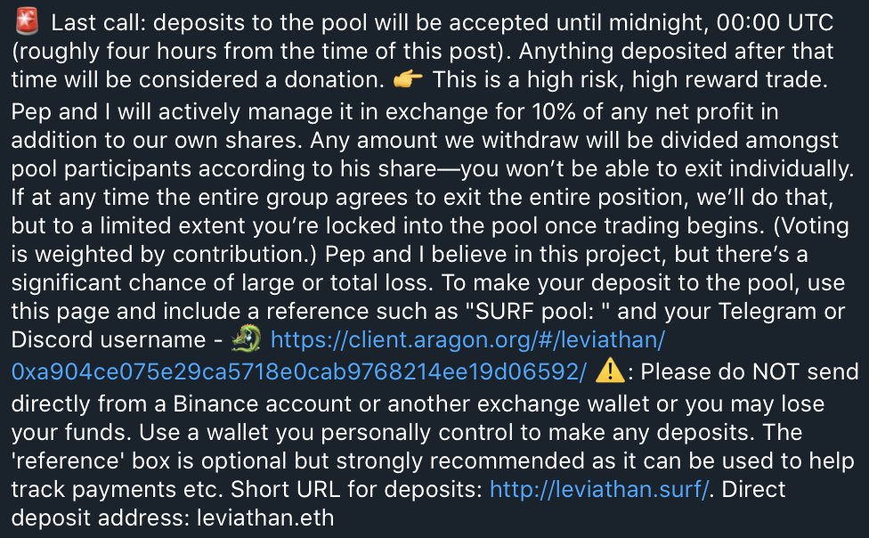 aegis_eth's tweet photo. Last call for the @surf_defi pool, currently farming $UNI. The cutoff is midnight UTC, just over an hour from now. Join us on Telegram: https://t.co/XHEr0DqtiD https://t.co/ajwv5XkpQt