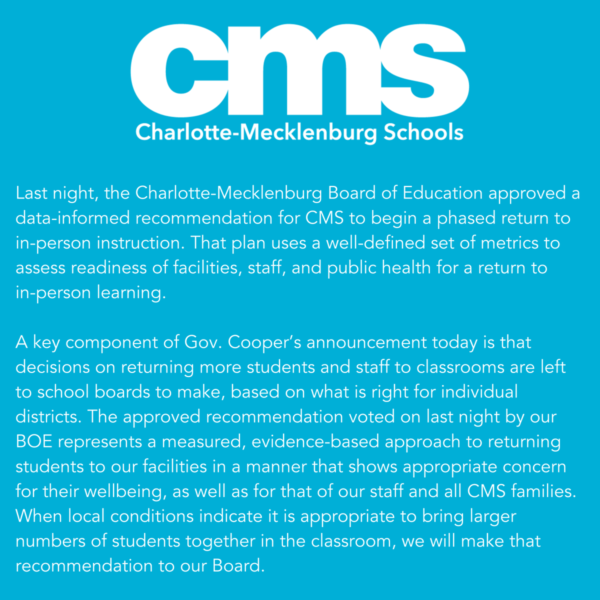CMS Communications (@cmscomms) on Twitter photo Last night, the .<a href="/CMSboard/">CMS Board of Education</a> approved a data-informed recommendation for CMS to begin a phased return to in-person instruction. See the full CMS statement below. Last night, the .<a href="/CMSboard/">CMS Board of Education</a> approved a data-informed recommendation for CMS to begin a phased return to in-person instruction. See the full CMS statement below.