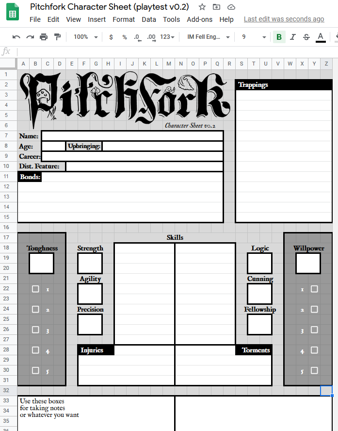 9littlebees's tweet photo. I spent 2.5 hrs on my livestream tonight making playtest character sheets for #PitchforkRPG:
A Google Sheets version
4 versions in #AffinityPublisher: A4, A5, Letter, Half-Letter
Productive night! Links to all versions at the the replay here:
https://t.co/hqK7nDPQIs https://t.co/VDfiRcn2MH