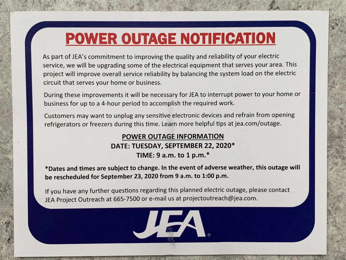 beger's tweet image. How is this even acceptable to schedule power interruption w/ less than a week’s notice @NewsfromJEA? Many of us in our neighborhood work remote and have critical work. I’ve requested this be moved to a later date with more notice.

@lennycurry @CityofJax @wjxt4 @ActionNewsJax