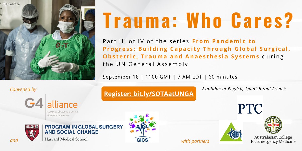 Join us tomorrow for Part III of our "Pandemic to Progress" series, focusing on trauma care and the #healthsystem. Convened by G4, <a href="/HarvardPGSSC/">Harvard Global Surgery</a> &amp; <a href="/GICSurgery/">GICS</a> with <a href="/PrimaryTraumaCF/">Ptcf</a> <a href="/acemonline/">ACEM</a> @TheAOAlliance 

Register at: bit.ly/SOTAatUNGA

#UNGA75 #UN75 #GlobalSurgery