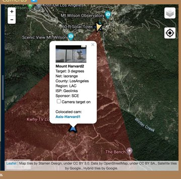  @susankitchens: Photo looking through smoke shows a towerfirst map shows Our location at Yellow arrow icon. Red wedge: what we see. Look, there's a blue arrow icon, for another camera on this site. What is it?click blue arrow, it's identified as  #MountHarvard. #bobcatfire