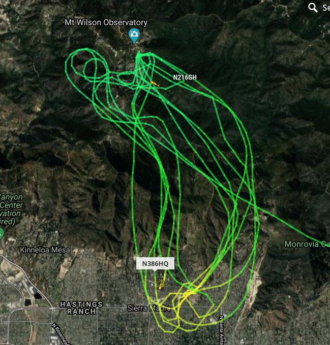 and we have 2 choppers working this Mt. Wilson Observatory fire.  #bobcatfireI'm going to let this thread go stale for a while because To Do List reasons.Here's the  @FlightRadar24link. Click icons of aircraft you wanna follow to see flight paths. https://flightradar24.com/multiview/34.2,-118.05/13