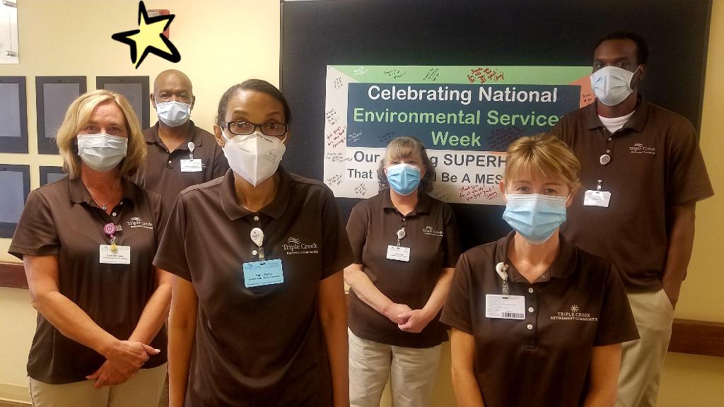 TripleCreek_RC's tweet photo. Our Environmental Service Team are truly the Shining Superheroes of our campus! It's a pleasure to honor them each day of National Environmental Services Week., but we appreciate them every day! @TrilogyLiving @vrleemaster #TAWB #NationalEnvironmentalServicesWeek https://t.co/X5NW4PmWQ0
