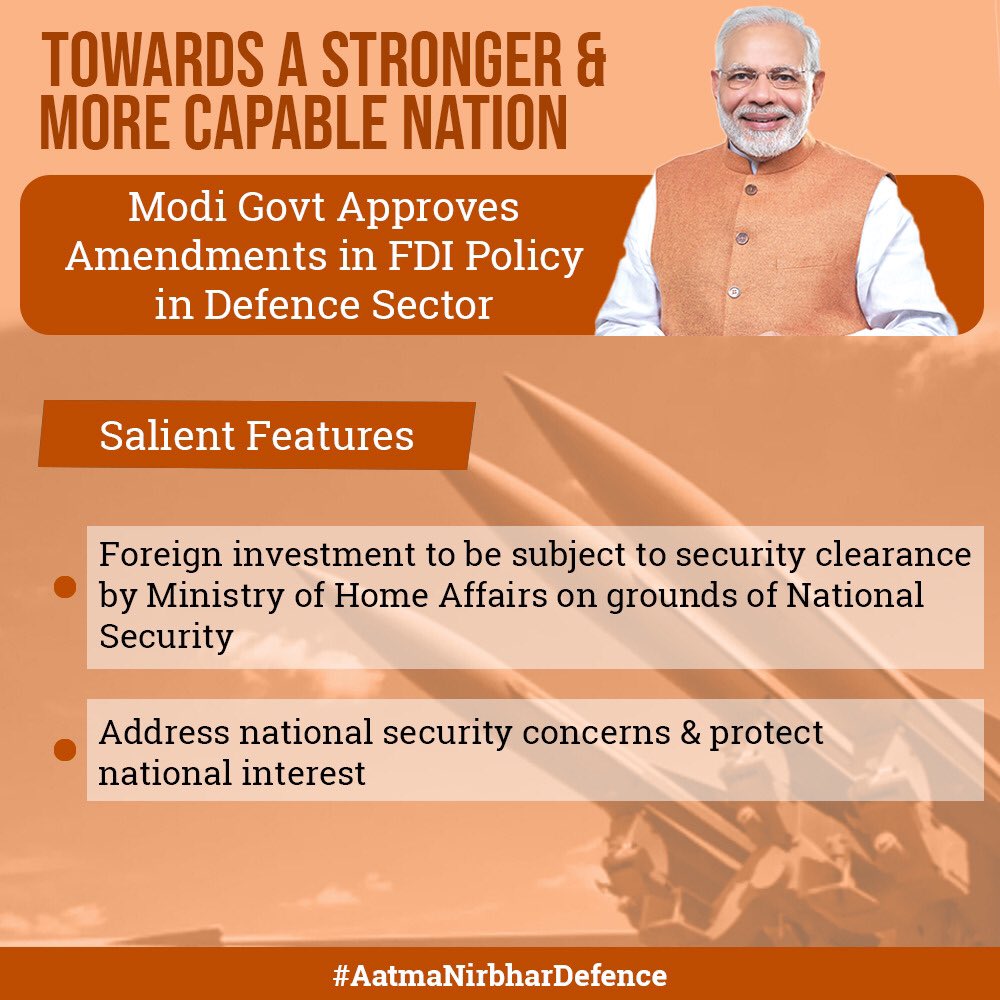 Welcome PM @NarendraModi ji's decision to amend FDI policy in Defence Sector. Now, FDI is allowed upto 74% through automatic route & beyond 74% to be permitted through Govt route This will enhance Ease of Doing Business & contribute to growth of investment, income & employment.