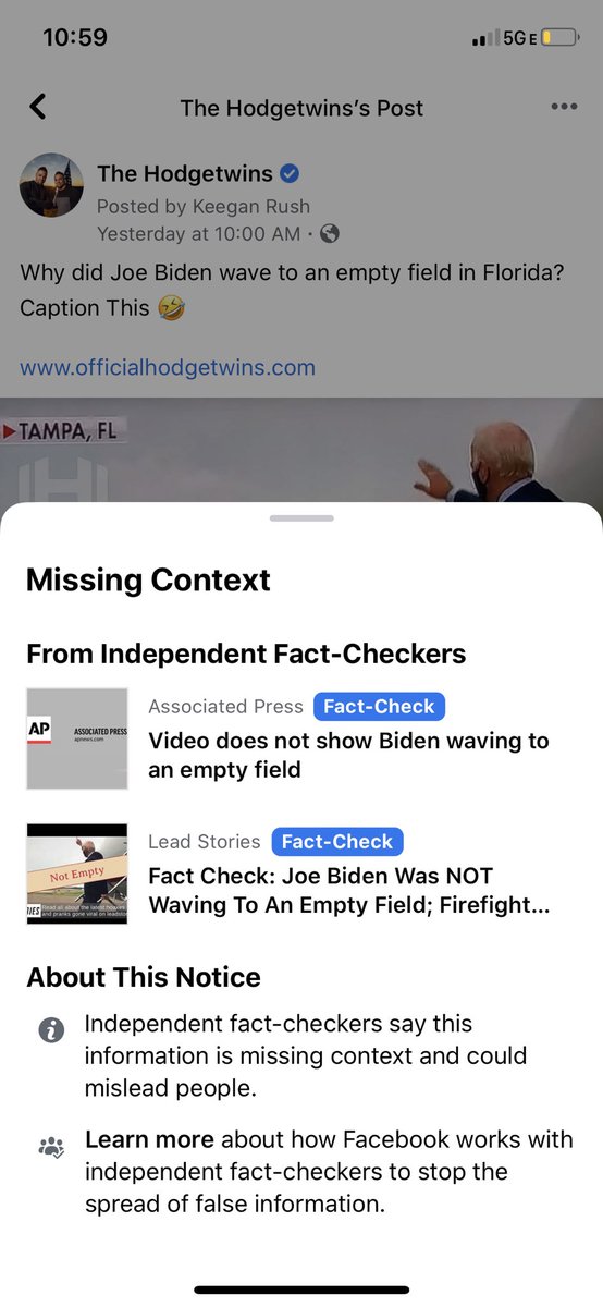 hodgetwins's tweet photo. Everybody @Facebook just fact checked a Joe Biden picture on our page, where we just asked a question 😂😂😂😂 https://t.co/CcvqRCkPG3