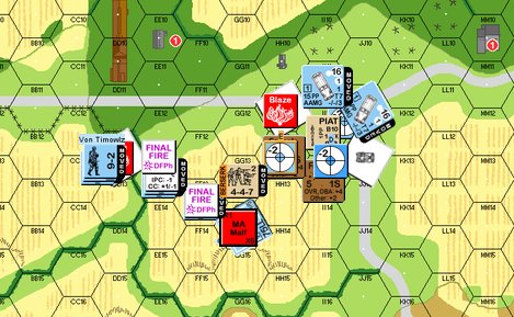 the2halfsquads's tweet photo. HS27 Lawless Ways/ Veritable/ MMP continues. GG13 Berserk Canadian survived First &amp; final fire from the 9-2 stack, EE13, FF14, and the adjacent tank that broke it's MA on the TH shot. It will CC FF14 vs. the (then broken in FPF) German squad &amp; win.#mmp #advancedsquadleader #t2hs https://t.co/CIJeUoeXVy