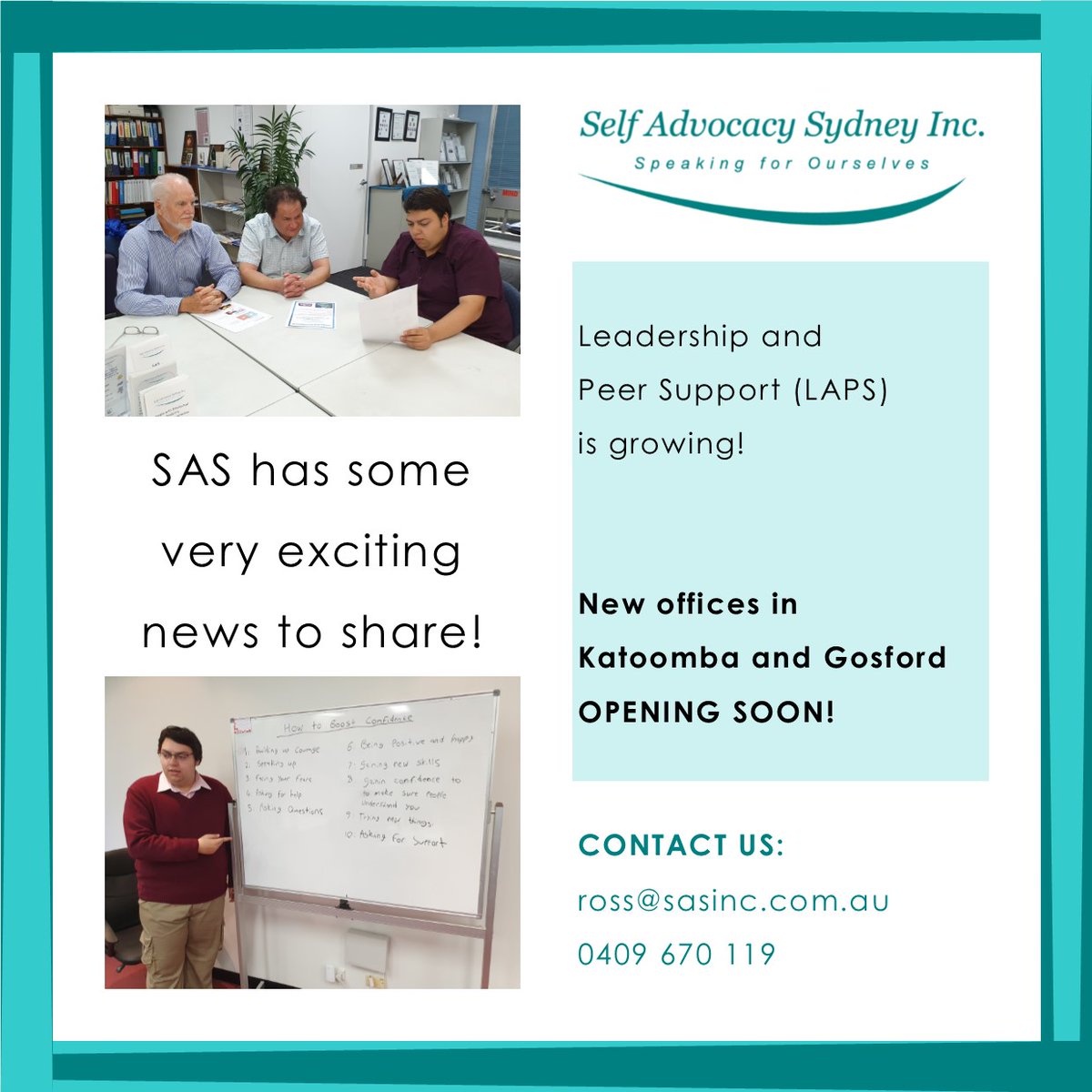 SelfAdvocacySyd's tweet photo. SAS has some very exciting news to share!
Leadership and Peer Support (LAPS) is growing.
New offices in Katoomba and Gosford OPENING SOON!
#SASinc #SelfAdvocacy #Advocacy #Leadership #PeerSupport #LAPS #NewOffice #Katoomba #Gosford https://t.co/xwV13784Ca