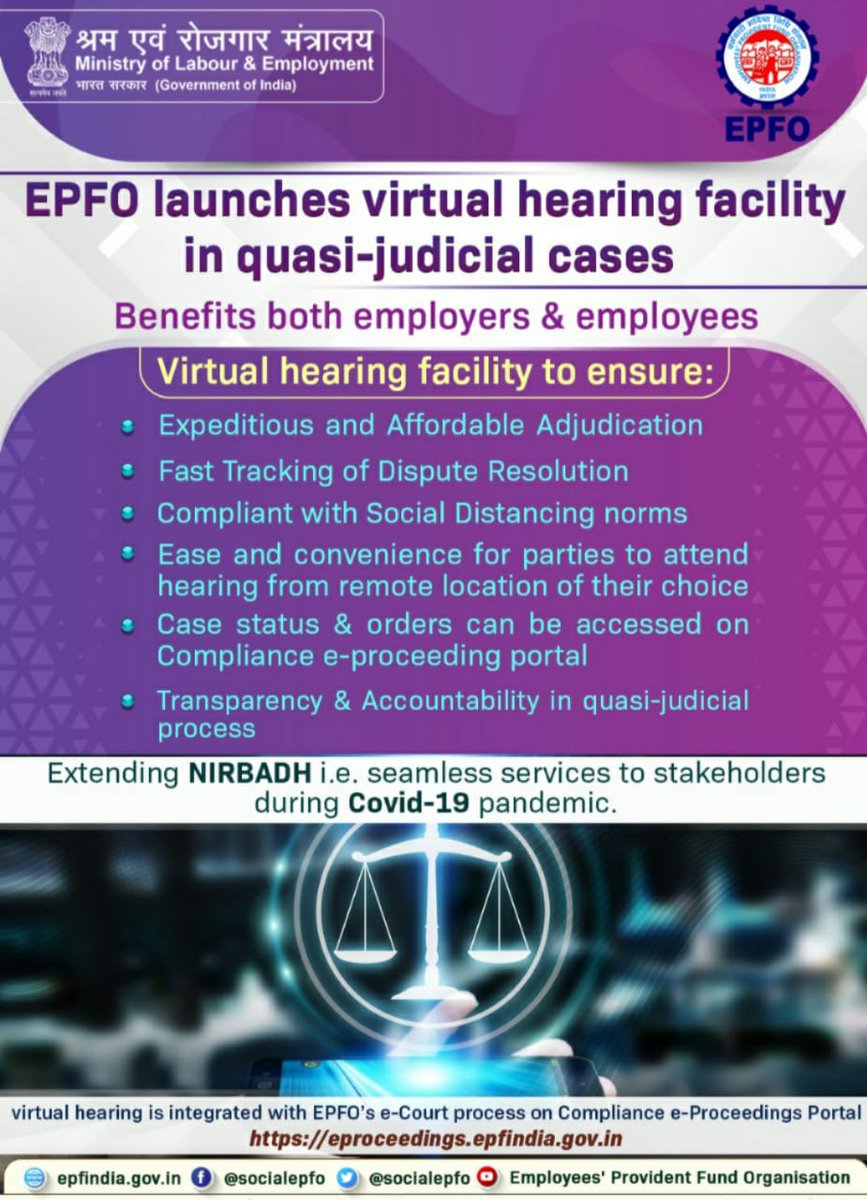 officialepfo's tweet image. EPFO launches virtual hearing facility in quasi-judicial cases, benefits both employers &amp;amp; employees. 

#EPFO
